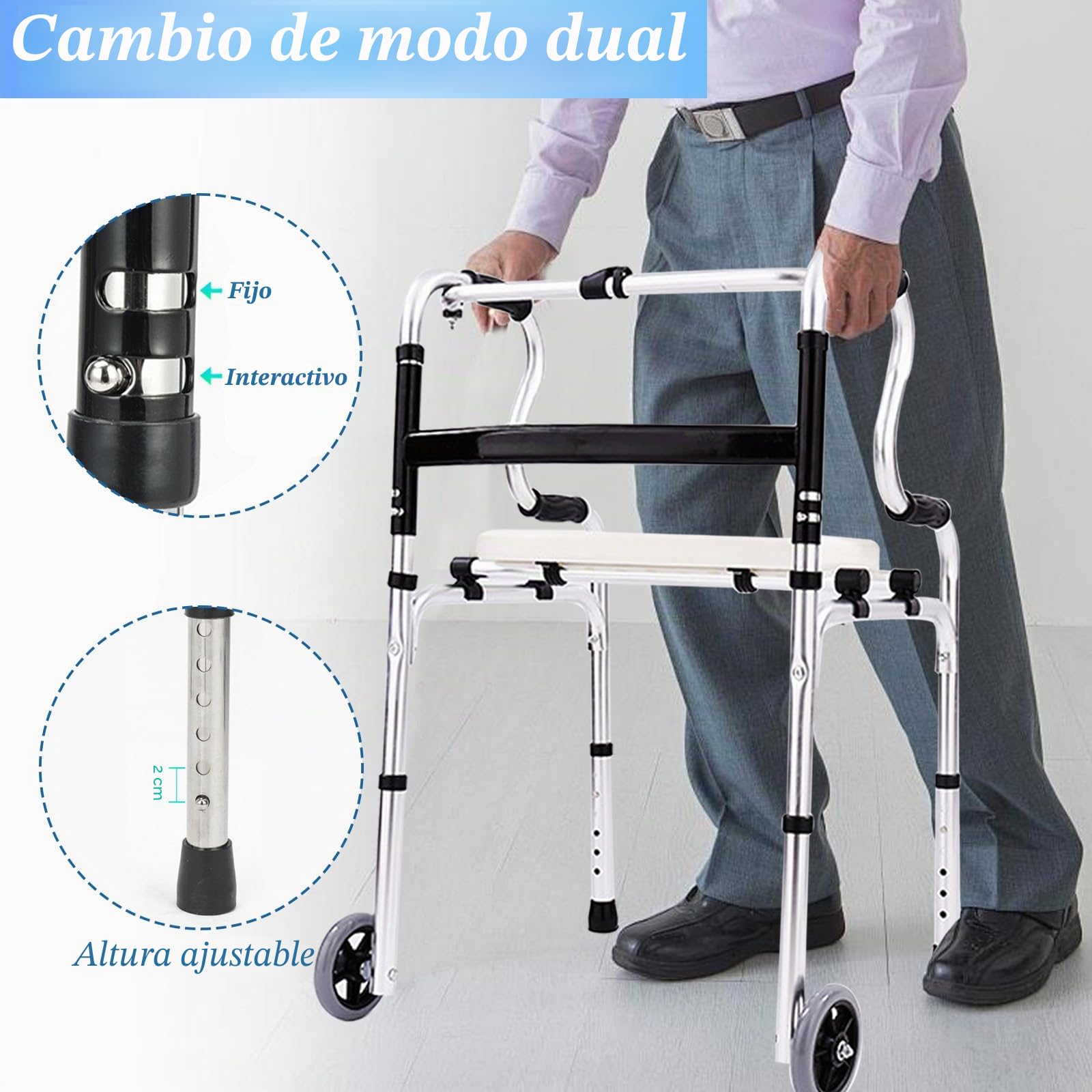 Andador para personas mayores, andador de aluminio regulable en altura con 2 ruedas giratorias, andadores plegables portátiles, andador con 6 posiciones de altura y asiento desmontable, hasta 150 kg