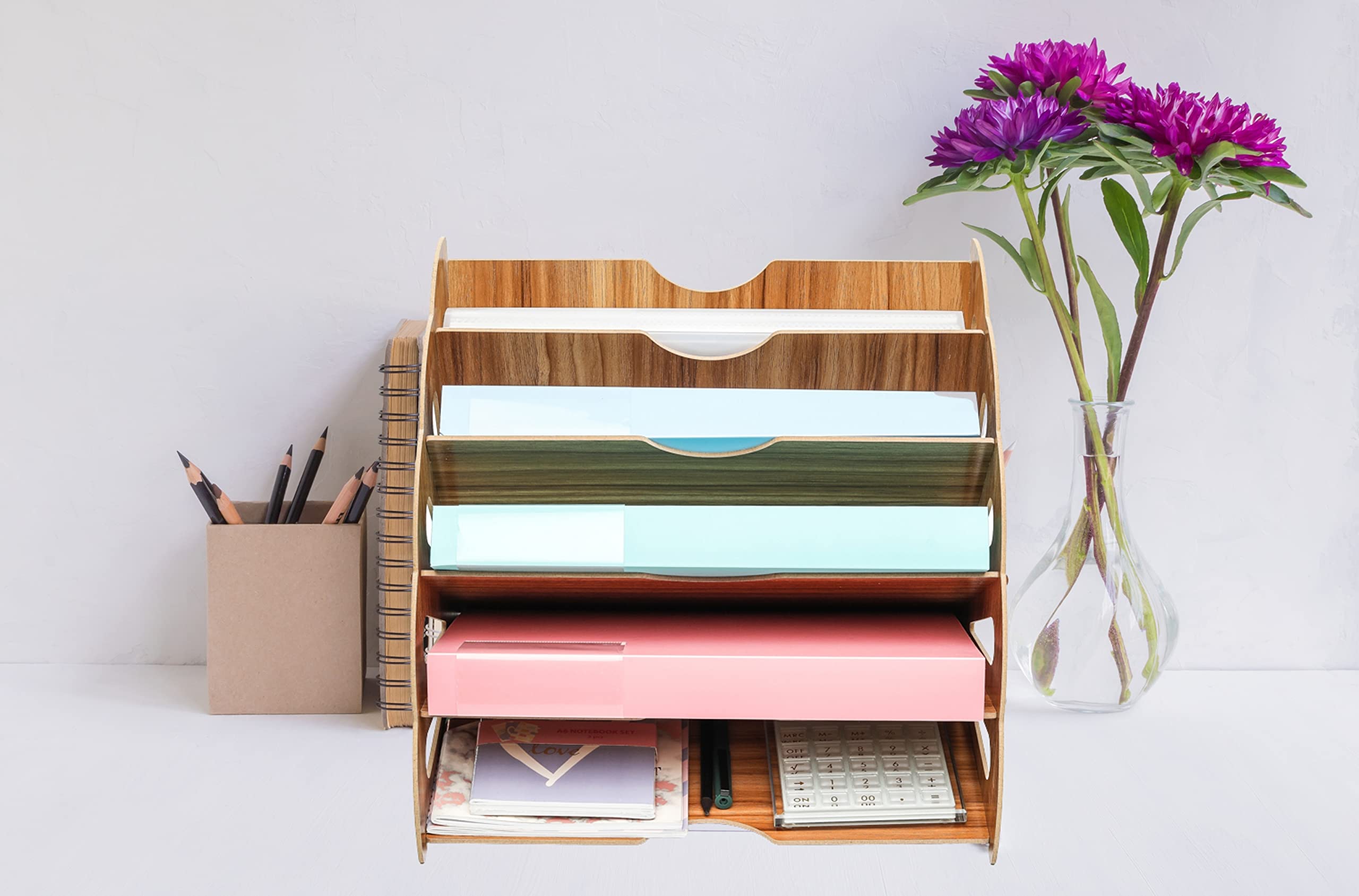 Exerz Wooden Filing Trays, Large Wood Office Desk Stationery Expanding File Organiser Rack Tray