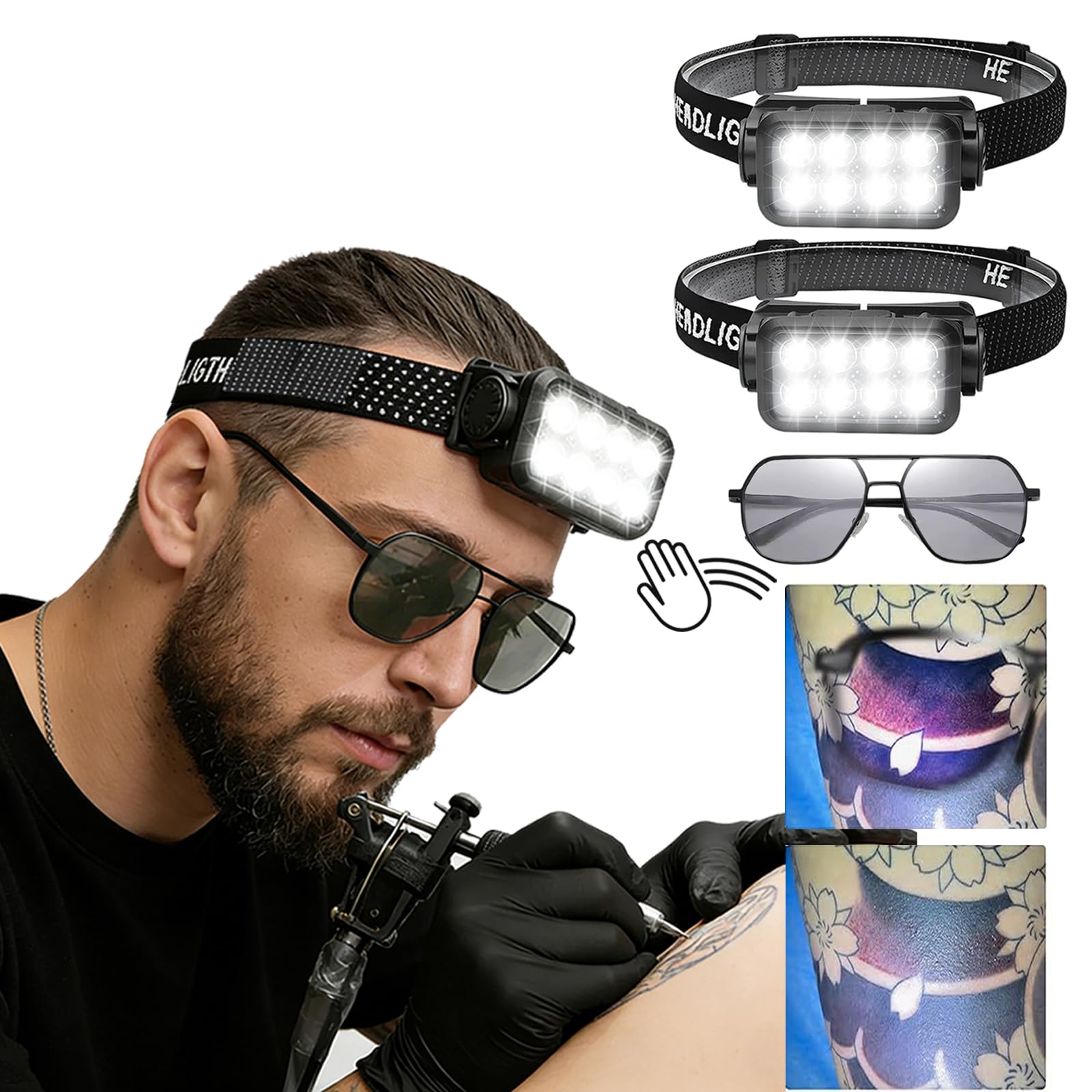 GBK Tattoo-Stirnlampe mit Bewegungssensor, polarisiertem Licht und Schutzbrille für Tätowierungen (Doppelstirnlampe)