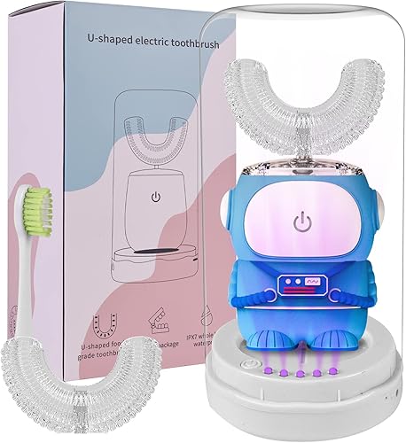 Miniatura 1 de Canbrake Cepillo de dientes eléctrico para niños, cepillo de dientes automático ultrasónico en forma de U, con 3 cabezales de cepillo, seis modos