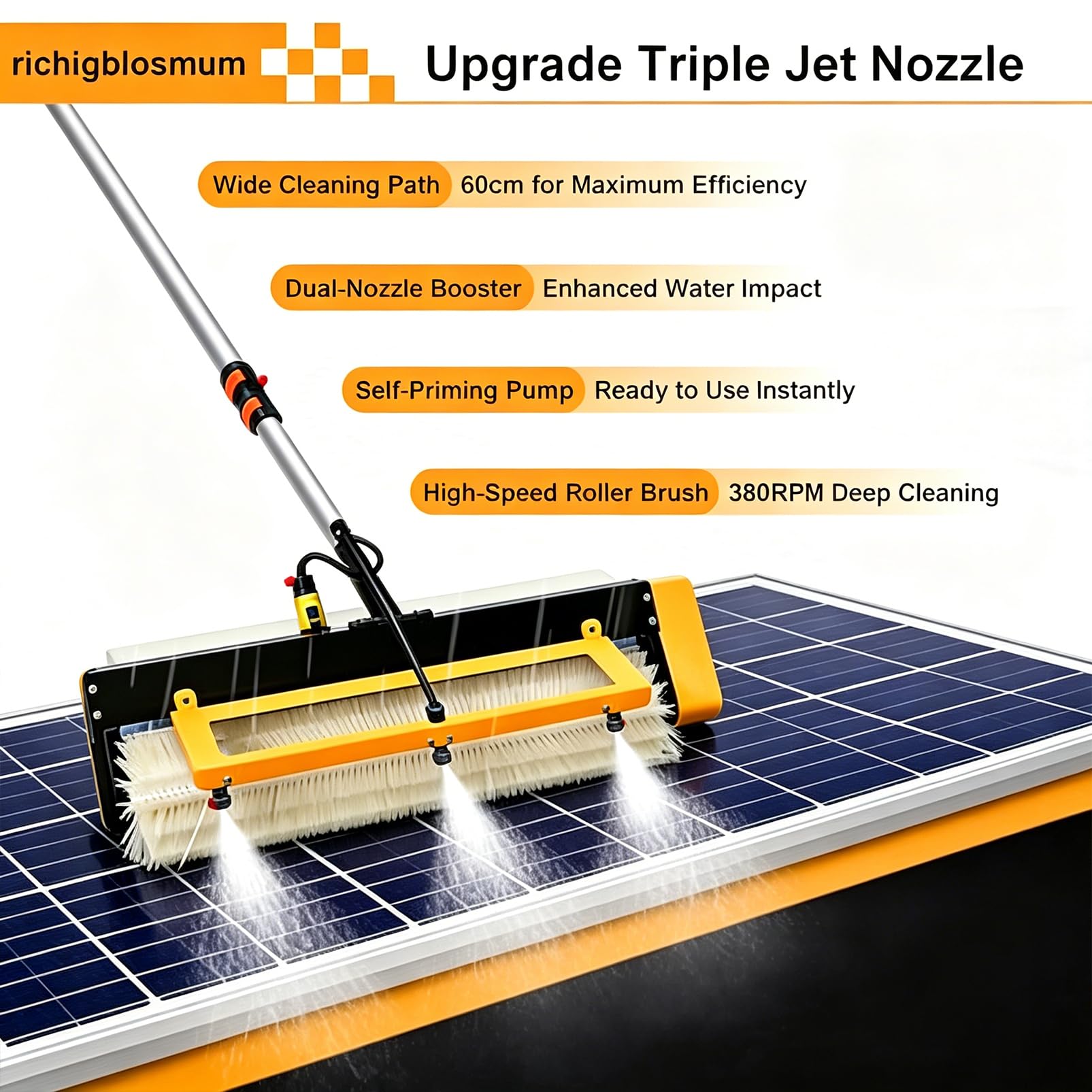 Generisch Cepillo de limpieza de panel solar eléctrico, limpiador de doble cabezal 380 rpm con cable de 7,6 m para sistemas fotovoltaicos, solución de mantenimiento ideal para techos