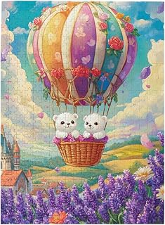 Floral-Adorned Hot Air Balloon&Teddy Bears Wooden Puzzles for Adults 500piece Dreamy Fairytale Landscape for Family Game Nights&Creative Unwinding Gift to Valentine’s and Cottagecore Fans