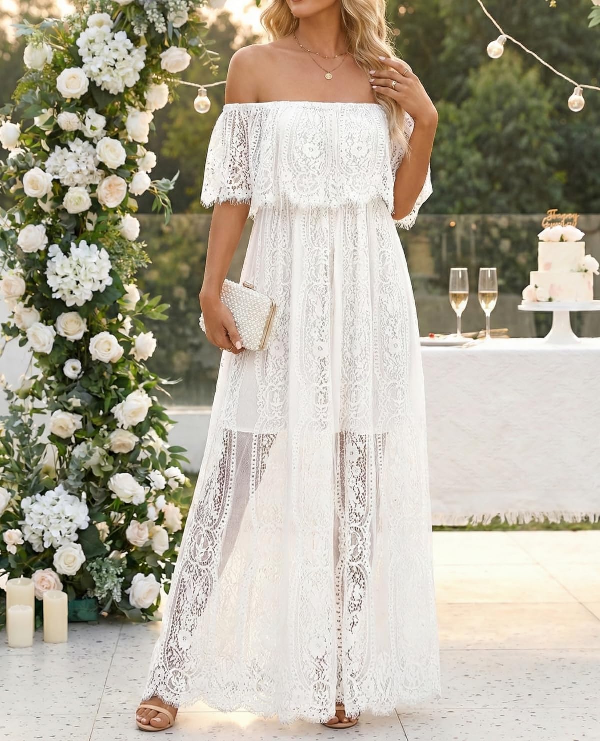 Holipick Women's Off Shoulder Lace Maxi Dress Boho Wedding Guest Bridesmaid Beach Formal Long Dress - Image 4