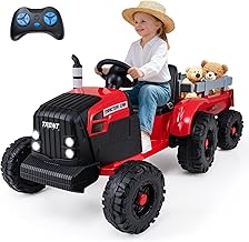 COSTWAY Kids Electric Tractor 24V, Toddler Electric Car with Detachable Trailer, Remote Control, Music, USB Port, LED Lights, Battery Powered Tractor Toy for 3-8 Year Old Boy (Red)