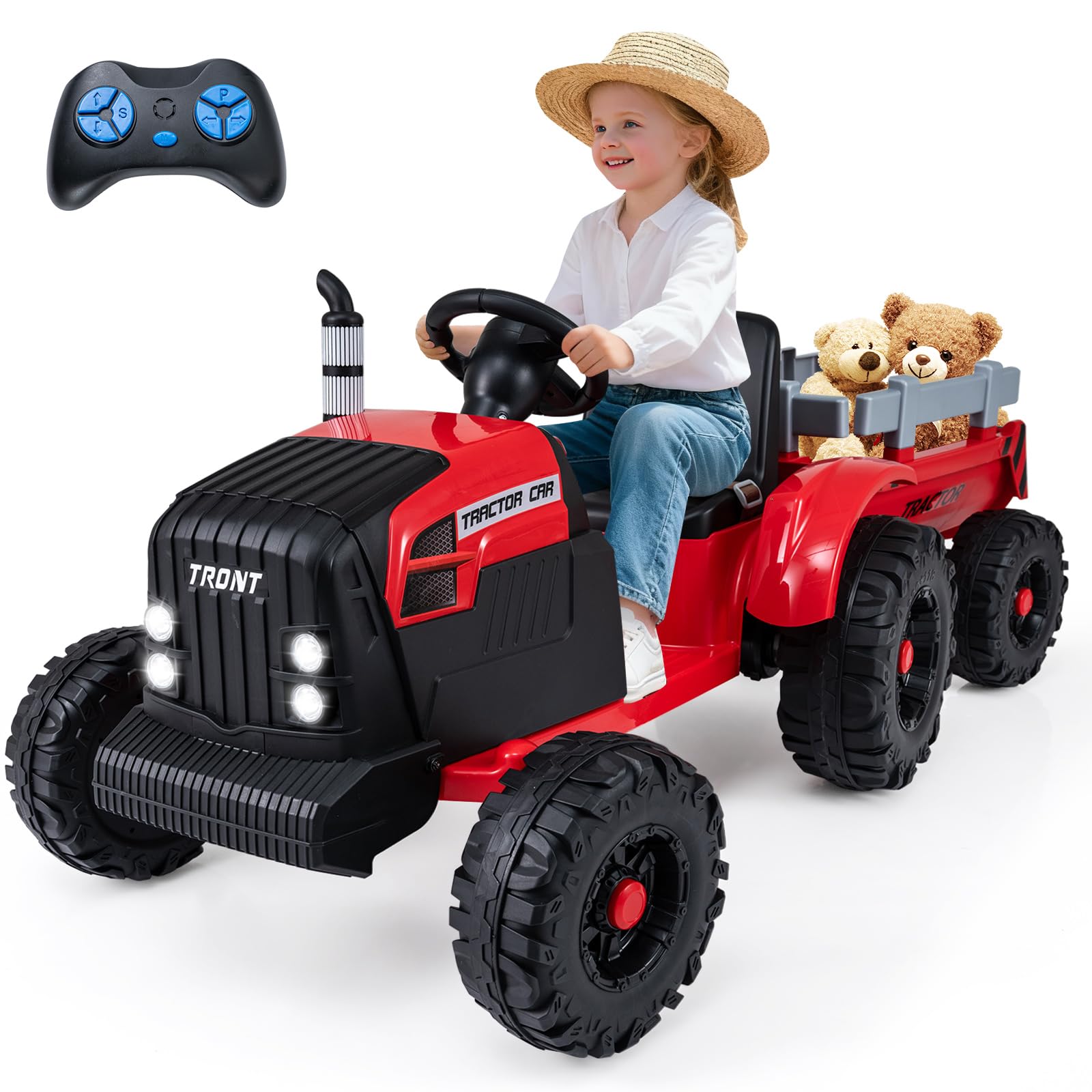 COSTWAY Tractor Eléctrico para Niños 24V, Coche Eléctrico para Niñoso con Remolque Desmontable, Control Remoto, Música, Puerto USB, Luces LED, Tractor Juguete a Batería para Niño de 3 a 8 Año (Rojo)