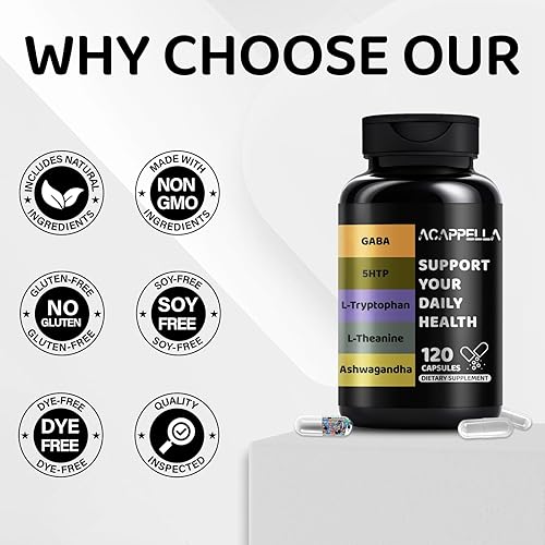 Miniatura 5 de ACAPPELLA Ashwagandha Suplementos con GABA Suplemento 5-HTP L - Cápsulas de teanina y cápsula de L-triptófano - 120 unidades