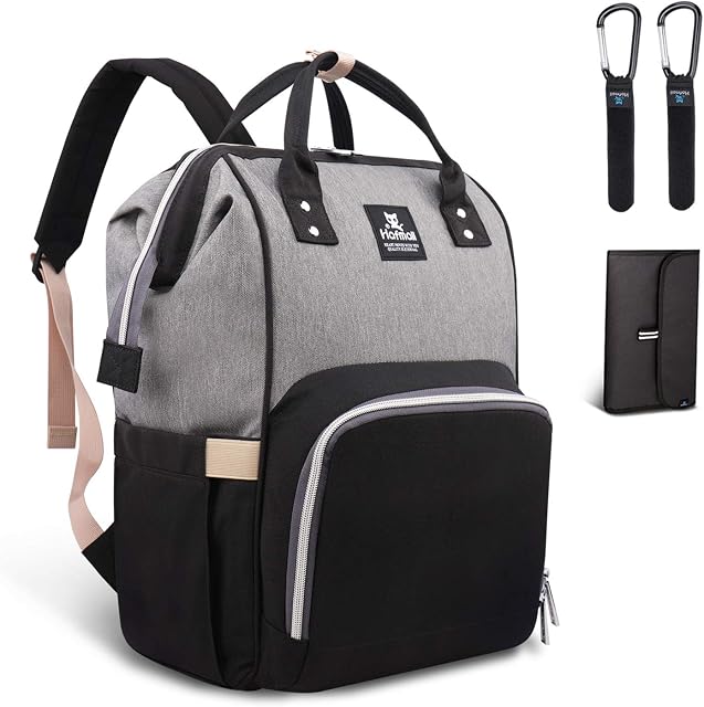 Hafmall Changing Bag Backpack Waterproof Travel Baby Bag, Stylish Large Capacity Nappy Backpack with Changing Mat and Stroller Straps (Black+Gray)