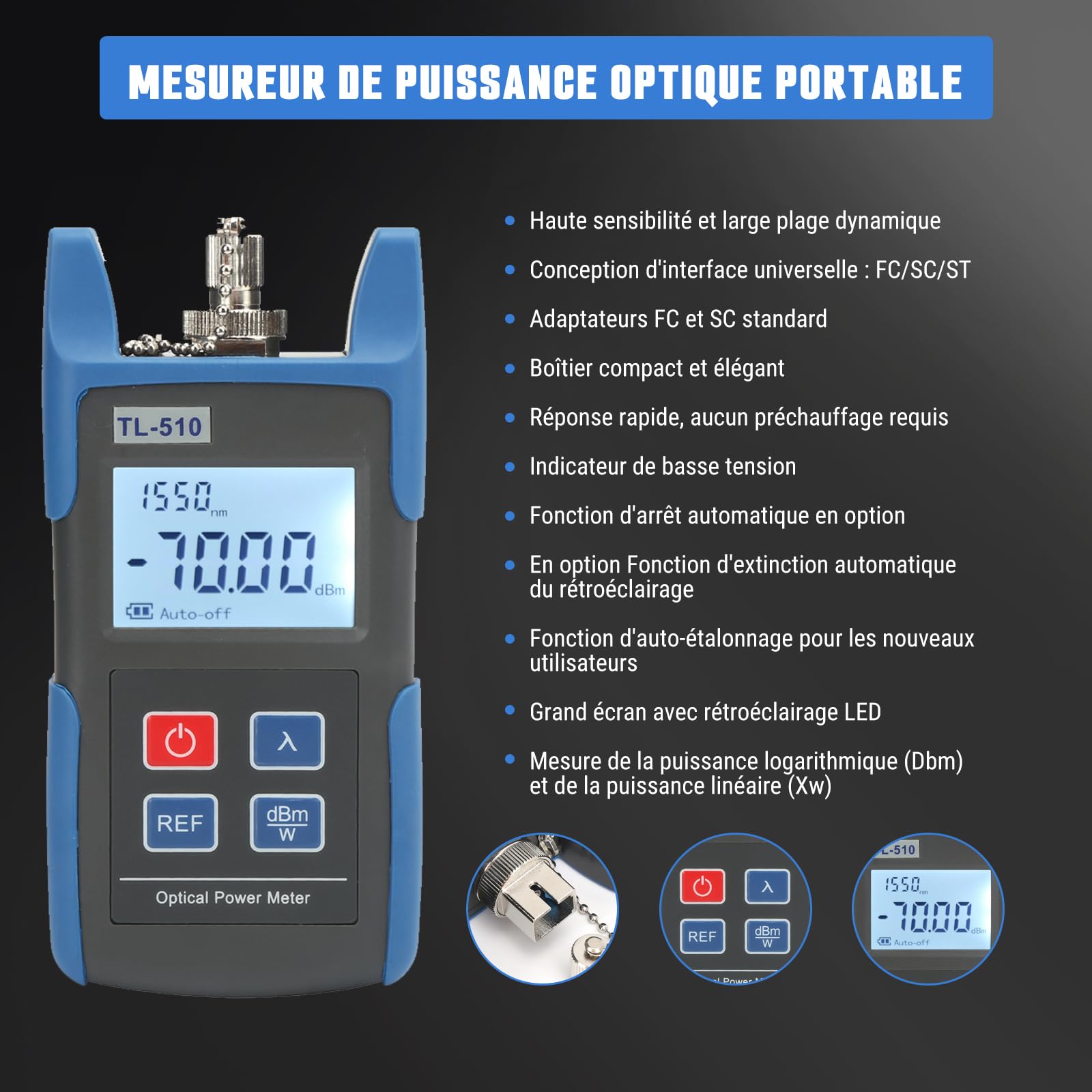 Testeur électrique TL510 testeur de puissance optique, détecteur -70~+10dBm