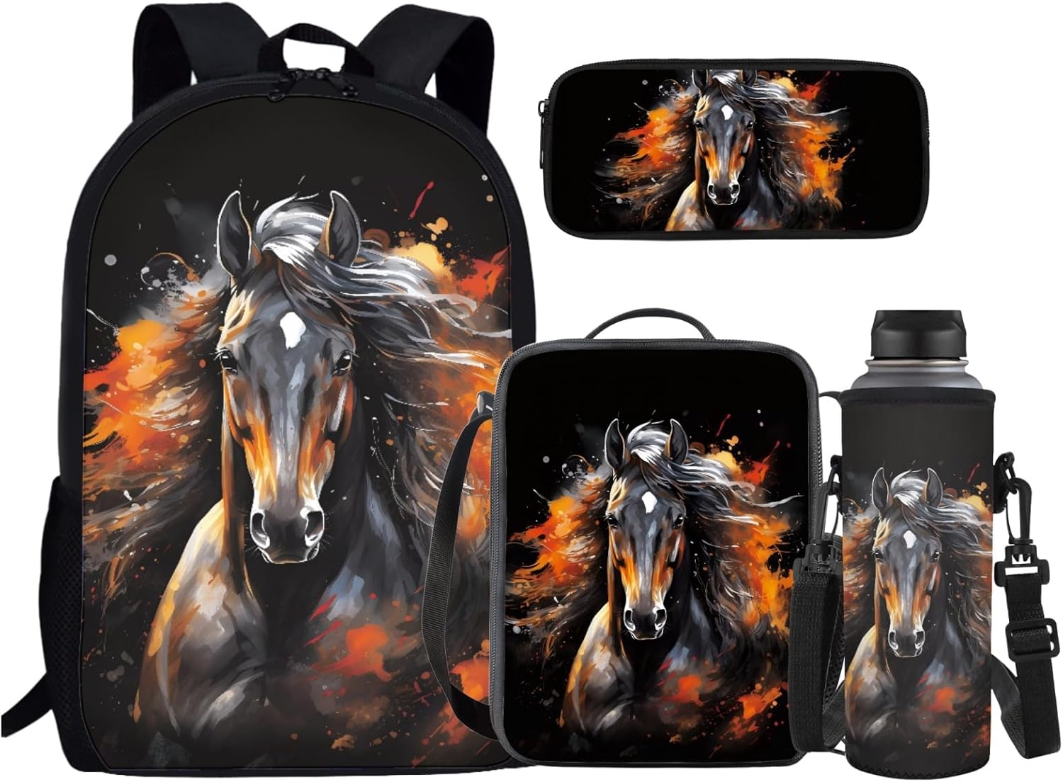 JEOCODY Horse Children School Backpack for Girls Cool Horse Kids Bookbag with Lunchbox Pencil Case and Bottle Holder, 4 Piece School Backpack Set Back to School Gifts to Boys and Girls