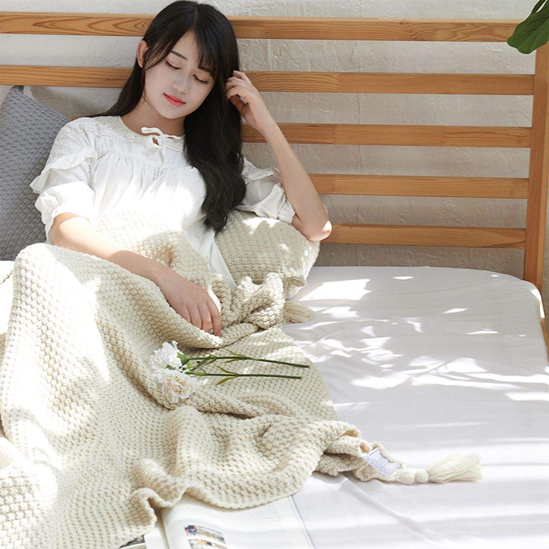 AUSTINCIAGA Coperta in maglia plaid per divano Copriletto Coperta da letto nordico Calda Morbida con frange Fatta a mano Per spiaggia Tutte le stagioni Acrilico