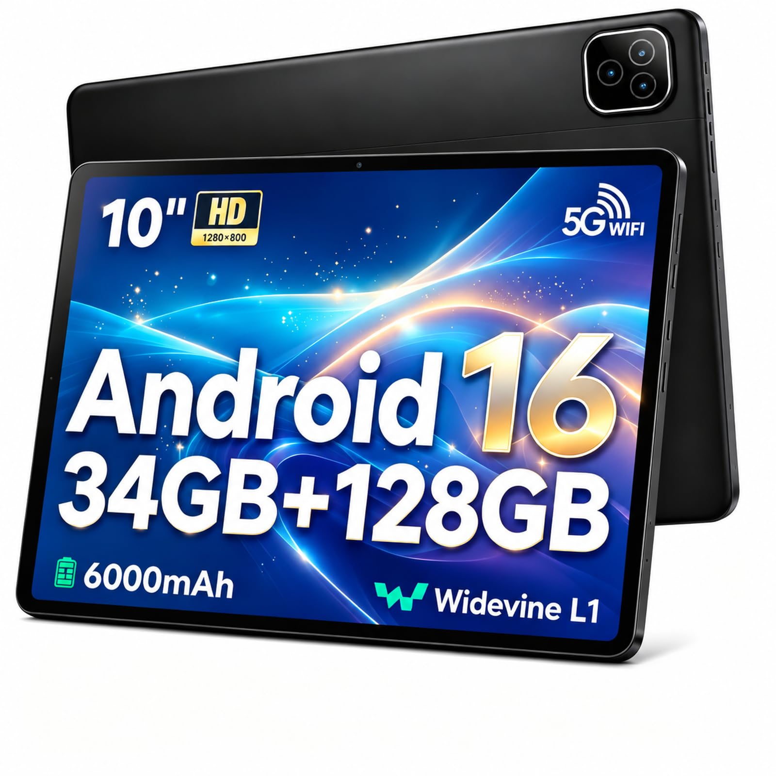 Tablette 10 Pouces Android 16, Octa-Cœur, 34Go+128Go Extensible 1To, Batterie 6000mAh, écran IPS WiFi 6 Bluetooth 5.4, déverrouillage Facial, caméras Doubles, Noir