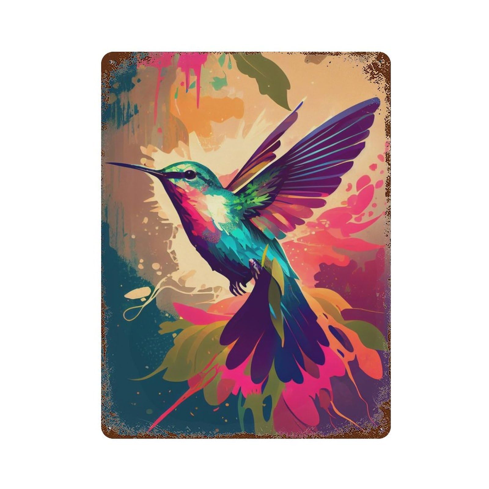 Rust Effect Hummingbird Drawn Distressed Metal Wall Sign 15.7"x11.8", Decorative Metal Wall Art for Living Room, Hallway And Home Decor
