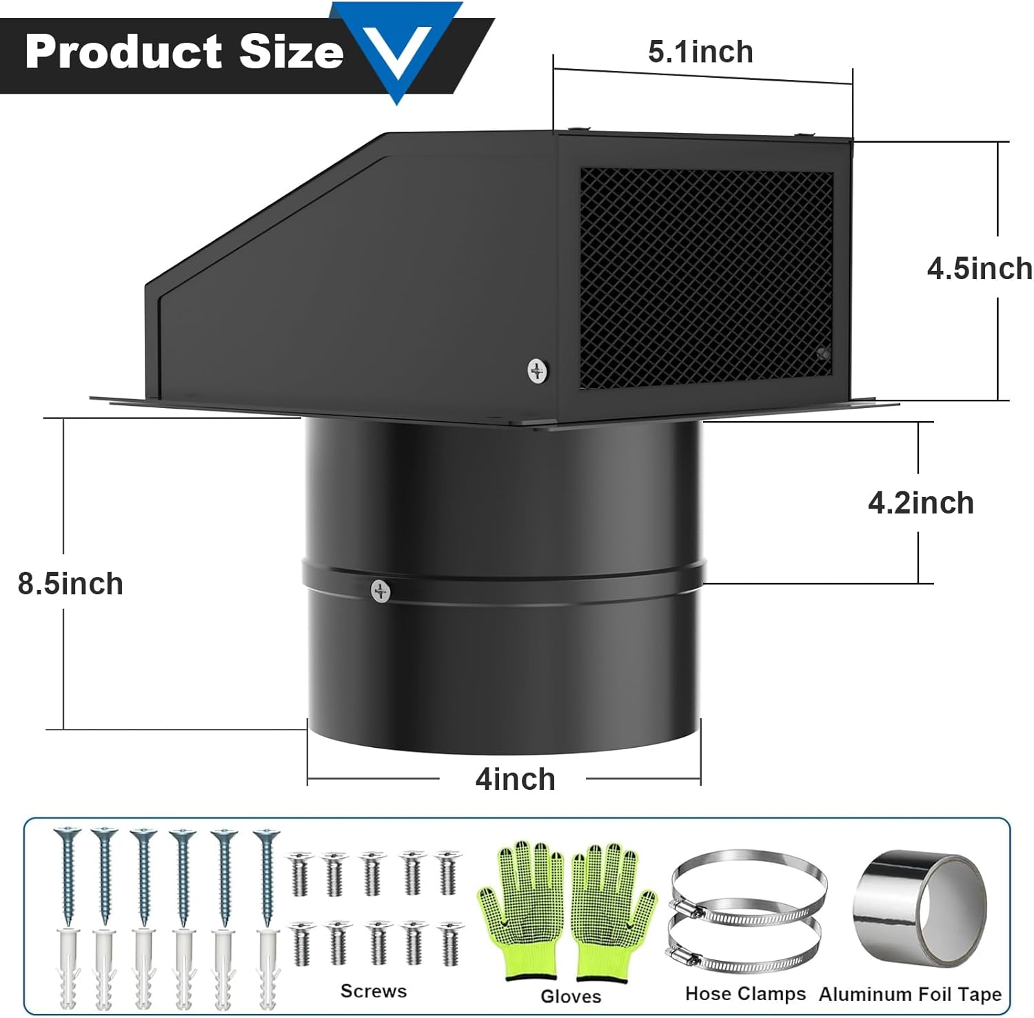 4 Inch Dryer Vent Cover, Hooded Wall Vent with Screen and Damper Galvanized Steel Vent Covers for Wall Black Air Exhaust Duct Outlet Cap Kit for Exterior Home Outdoor Laundry Room Ventilation