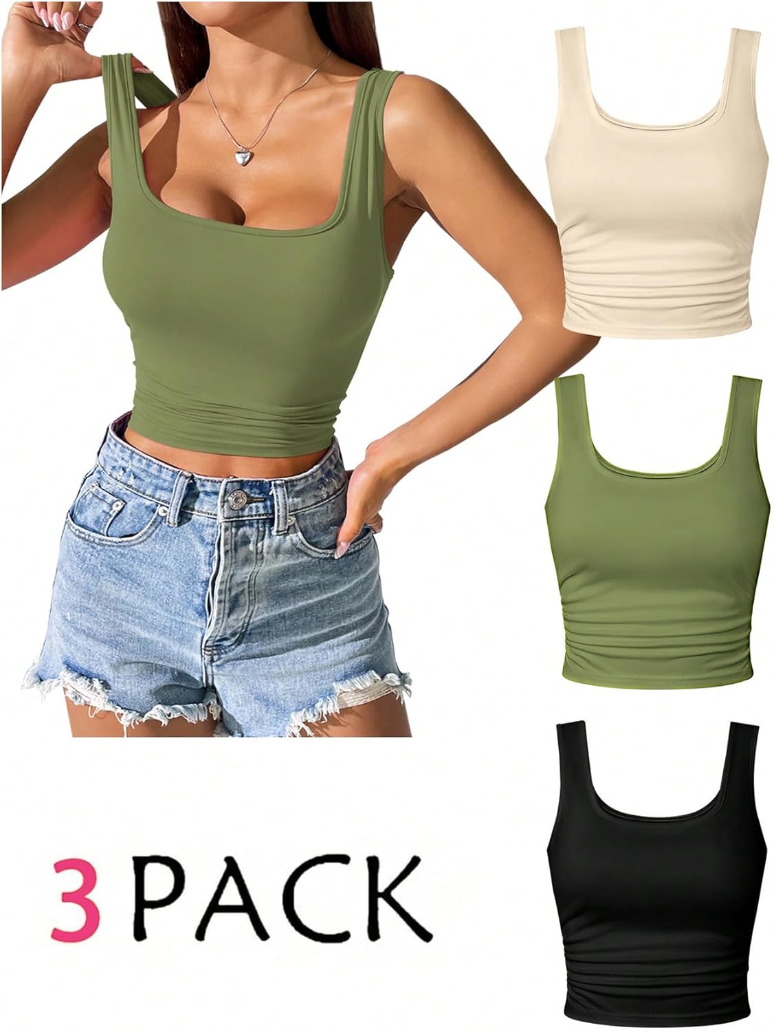 SOLY HUX Women's Square Neck Crop Tank Tops 3 Piece Set Ruched Side Tight Fitted Sleeveless Shirts - Image 3