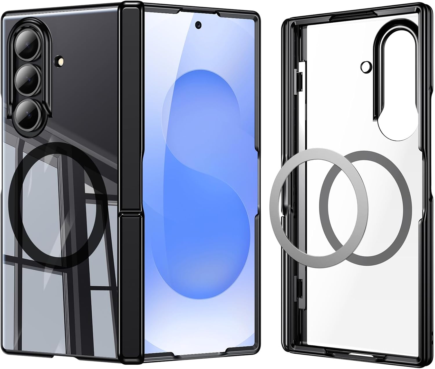 Kaiiecal for Galaxy Z Fold 7 Case [Fit for Magsafe] [Anti-Yellowing] [Built-in Screen Protector & Kickstand] [Hinge Protection] Shockproof Protective Transparent Phone case for Z Fold7, Clear Black