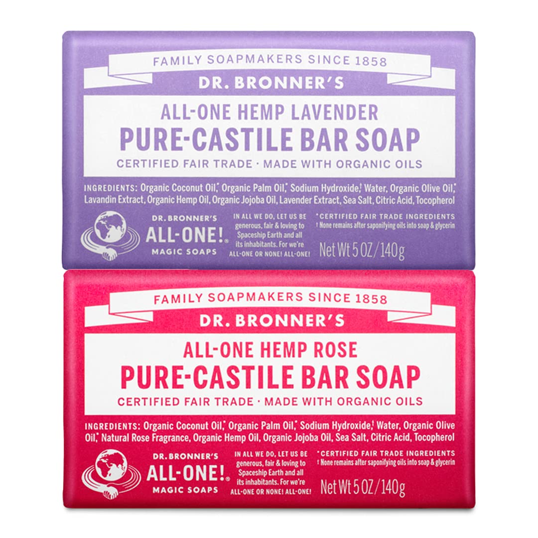 Dr Bronners - Pure-Castile Bar Soap 2-Pack Bundle Rose Lavender - Made with Organic Oils For Face Body