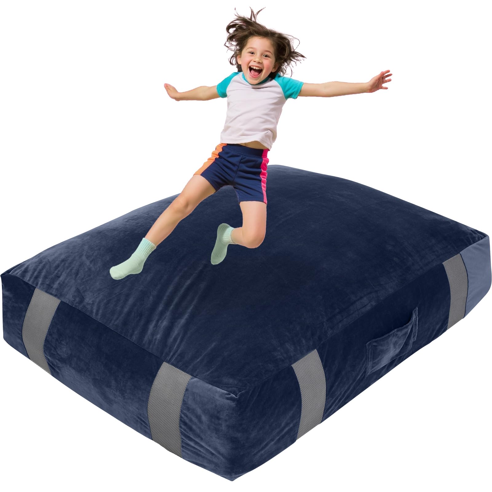 SportBob Kids Crash Pad, 120x90cm Soft Sensory Mat with Foam Blocks, Washable Velvet Cover Anti-Slip Play Mat for Jumping Climbing Gymnastics, Sensory Therapy Pad for Home Special School Use-Blue