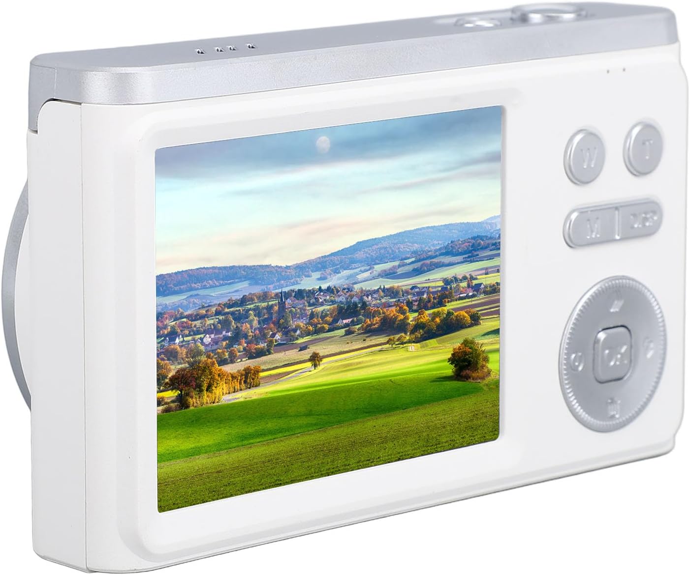 Rear view of the ciciglow digital camera, showing its 2.8-inch TFT screen displaying a landscape image.