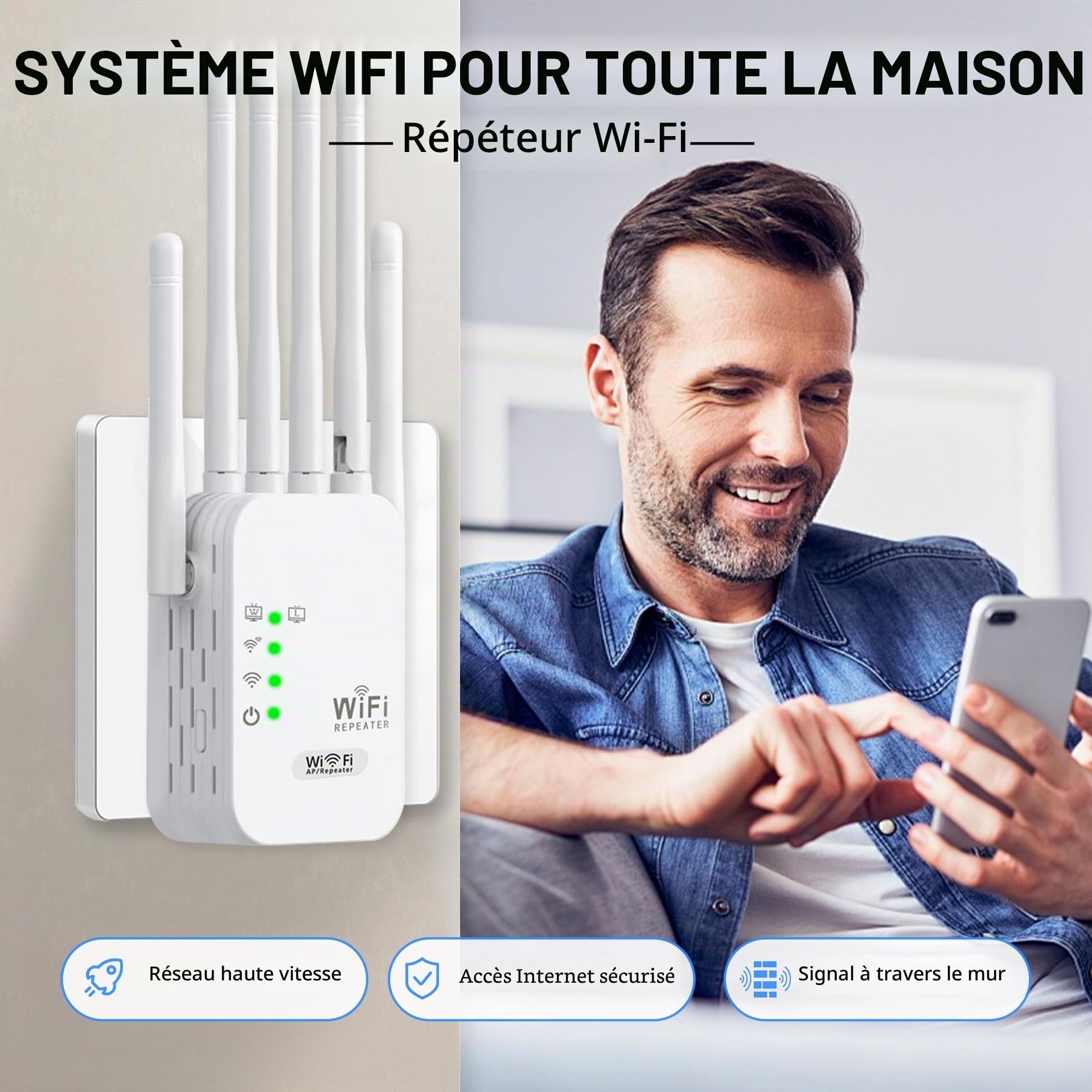 Répéteur WiFi ，Puissant,amplificateur WiFi de dernière Technologie avec6 antennes Couvrant Une superficie de1200m²,2 Ports LAN,répéteur WiFi pour la Maison et Le Bureau