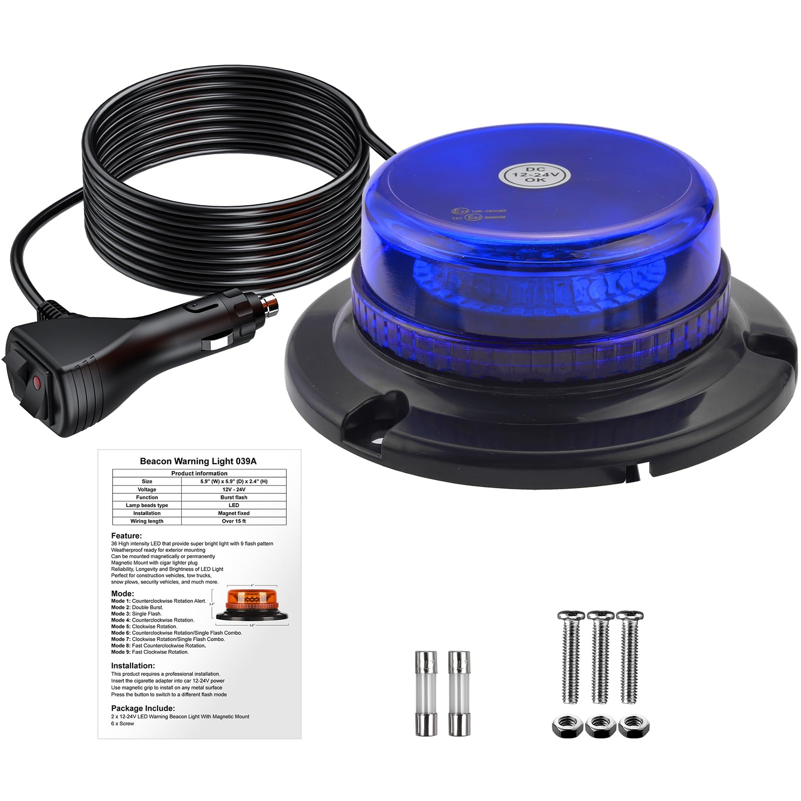 AUTOUTLET Gyrophare LED Orange 12V，24V Jaune Stroboscopique Clignotant Magnetique Chargeur Gyrophare à 36 LED Pour Allume-cigare IP54 9 Modes Lumineux Pour Voiture Véhicule Tracteur UTV Car Bus