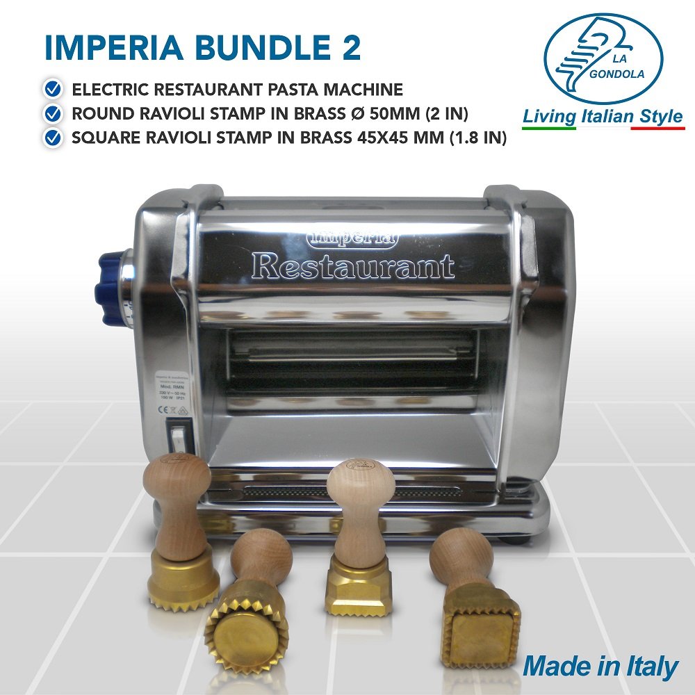 Imperia Bundle Macchina Pasta Elettrica - Professionale in Acciaio, Sfogliatrice Elettrica Robusta ed Affidabile e 2 Stampi Ravioli Tagliapasta in Ottone e Legno Naturale Made in Italy