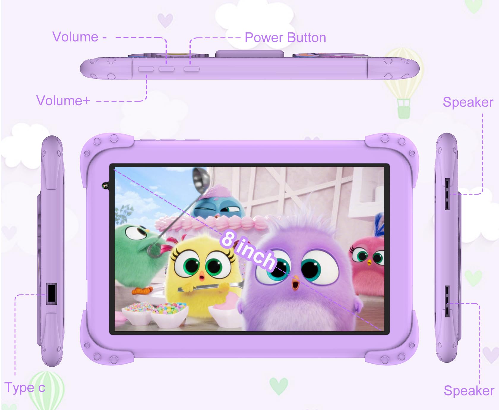 Tablet Bambini,8 Pollici Android 11,6GB RAM 128GB Rom per Bambini 3 a 6 8 10 Anni,Controllo Parental Doppia Fotocamera,WiFi Bluetooth,Educativo Kids Tablet con Custodia,Viola