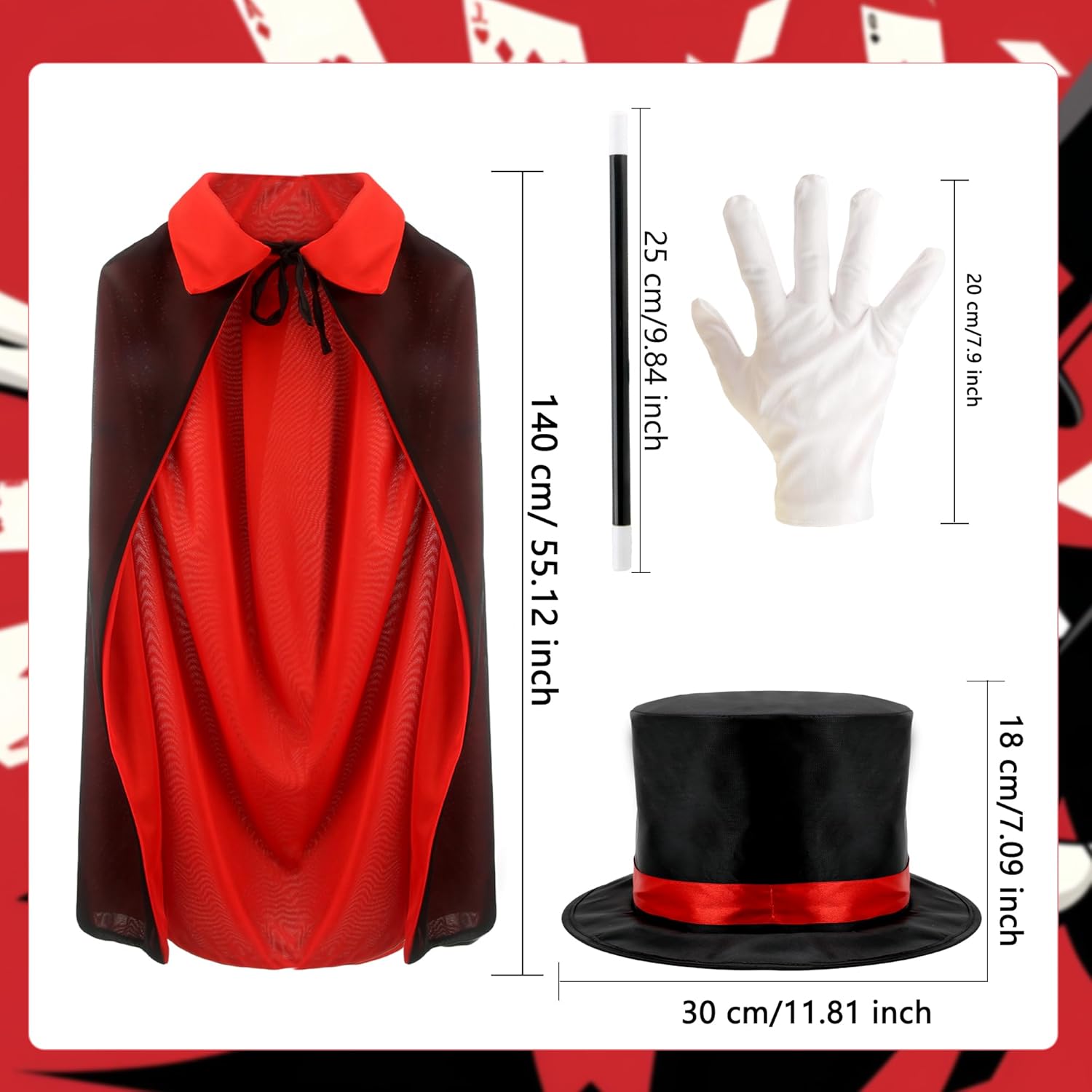 8 Pcs Kids Magician Costume Kit Includes Magician Hat White Magician Gloves Magician Wand Magician Cape for Kids Halloween Role Play Stage Performance Dress Up Accessories