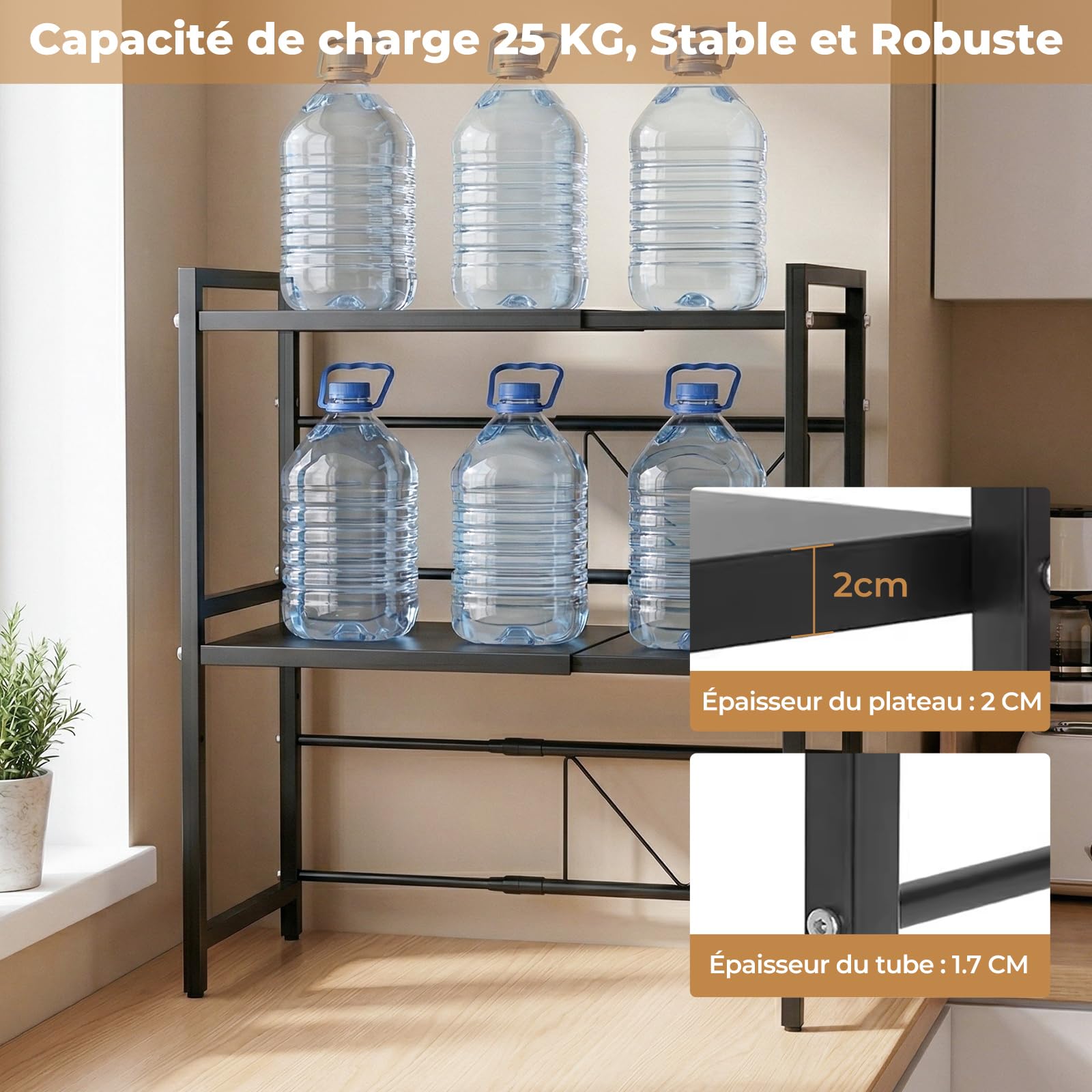 ALANNG Étagère Micro-ondes Réglable 38,7-65cm, 3 Niveaux Étagère de Cuisine sur Plan de Travail, 50kg Capacité Support Micro-ondes avec 6 Crochets, Métal Noir Stable