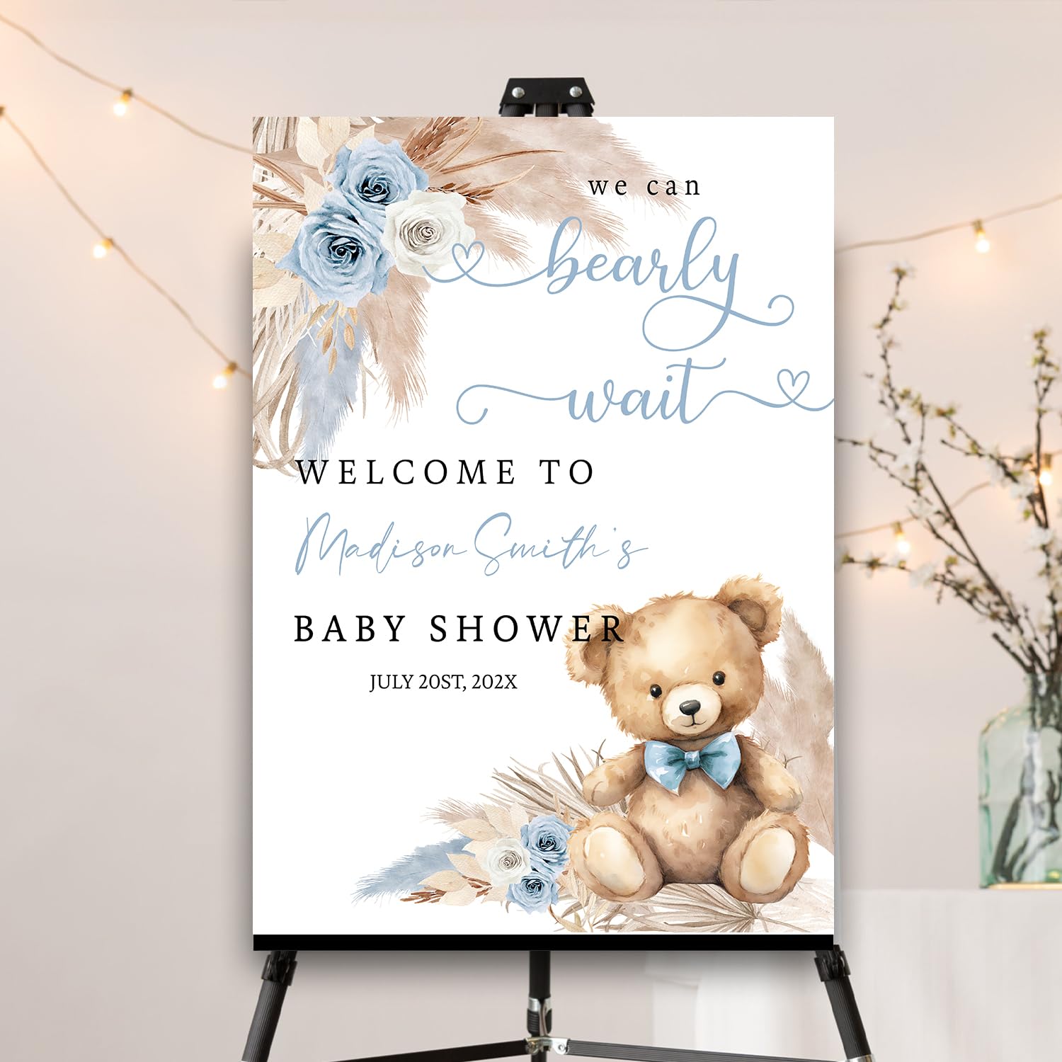 Personalized We Can Bearly Wait Baby Shower Sign, Blue Boy Boho Bear Bohemian Custom Baby Shower Welcome Yard Sign Party Decorations Plastic with H