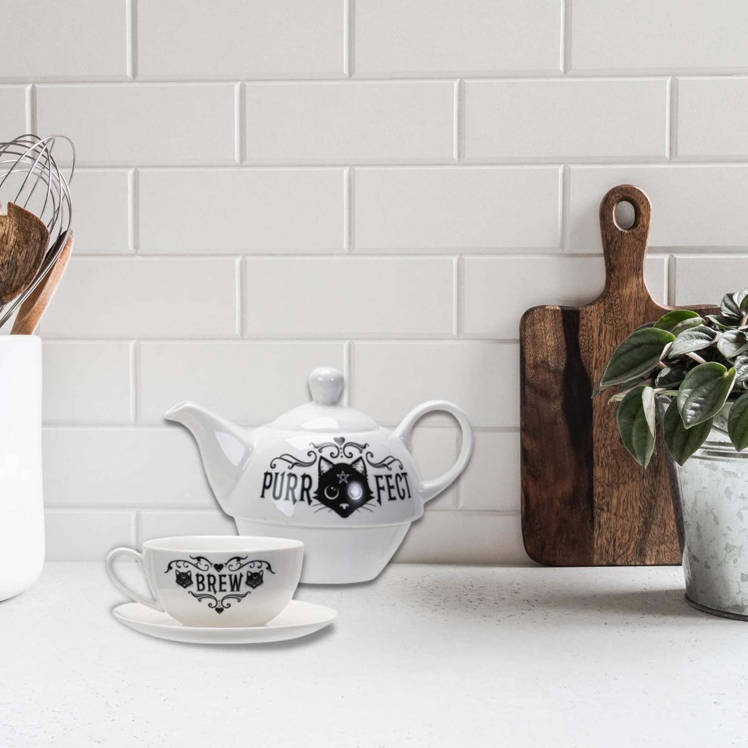 Pacific Giftware Purrfect Brew Tea for One, Gothic Three-Piece Set with Pot, Cup and Saucer, 6.50 Inches x 5.91 Inches x 5.71 Inches