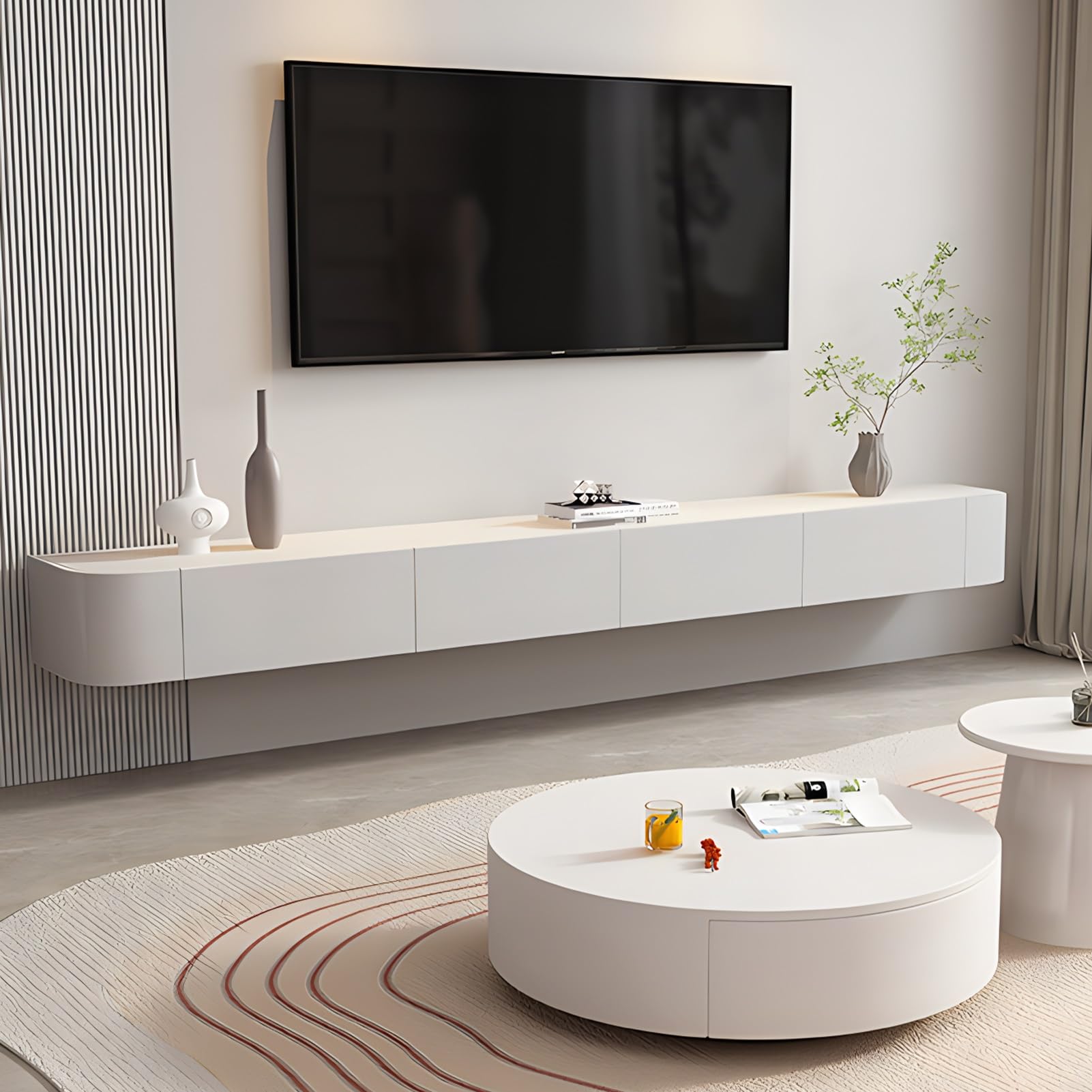 Floating TV Unit, Wall Mounted TV Cabinet, Floating Shelves With 4 Cabinets, Wooden Entertainment Media Console Center Large Storage TV Bench For Living Room & Office(White,200cm)
