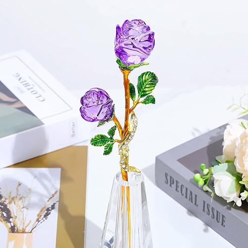 Miniatura 3 de YWHL Figura de cristal hecha a mano con florero, ramo de flores de cristal, adorno de rosas para esposa, mujer, flor de cristal, decoración de mesa
