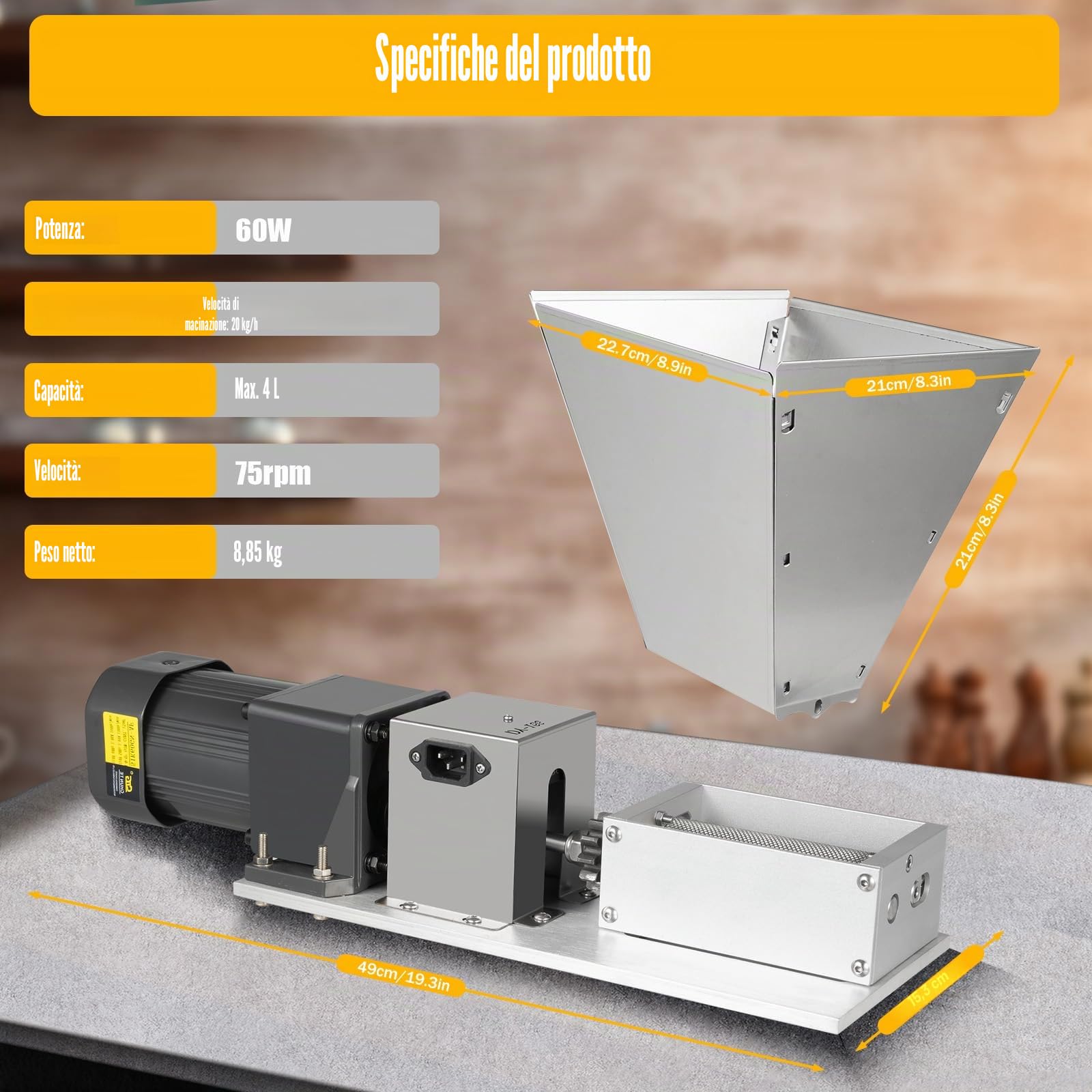 MINRS Mulino elettrico regolabile per grano con quattro tramoggie, mulino elettrico per malto, grano a rulli, 60 W, 75 RPM, 220 V