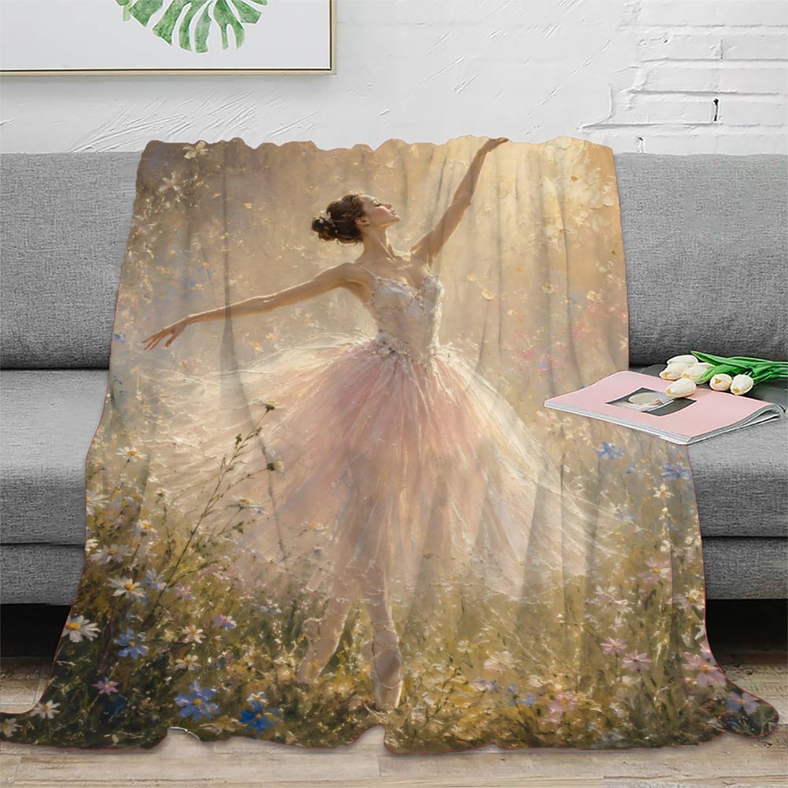 W7C8U2X3 Ballerina Sunlit Garden Blanket, Flannel, Nap, Romantic Floral Art