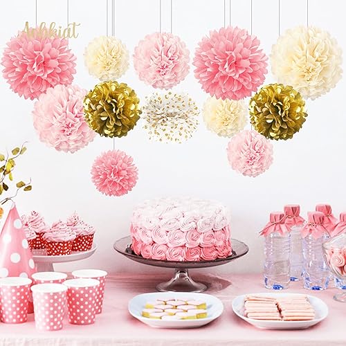Miniatura 6 de AOBKIAT - Kit de pompones de seda, 12 piezas de flores de papel de seda color oro rosa para fiesta de compromiso, boda, cumpleaños, despedida de