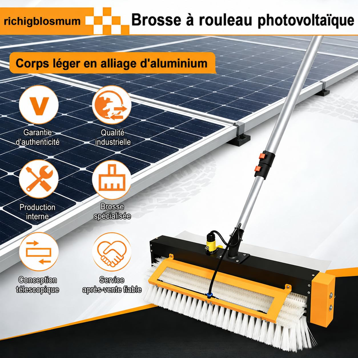 Spazzola Elettrica per Pulizia Pannelli Solari con Asta Telescopica Cordless-7.6M