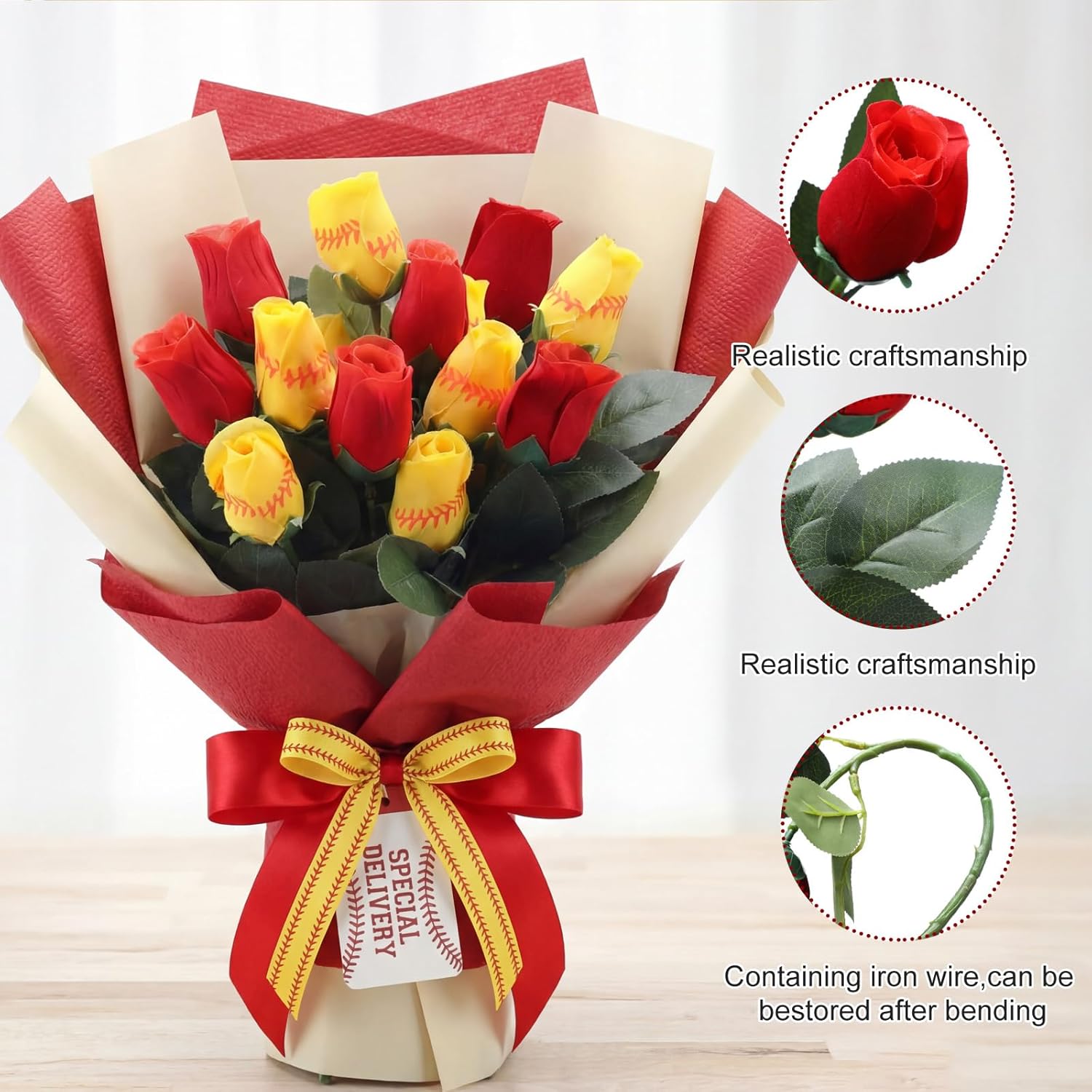 Zeyune 12 Pcs Softball Rose with Leaves Bulk Artificial Rose Bouquet Flower Decor for Softball Team Senior Fans Coach Gift Sports Theme Graduation Wedding Party Decoration