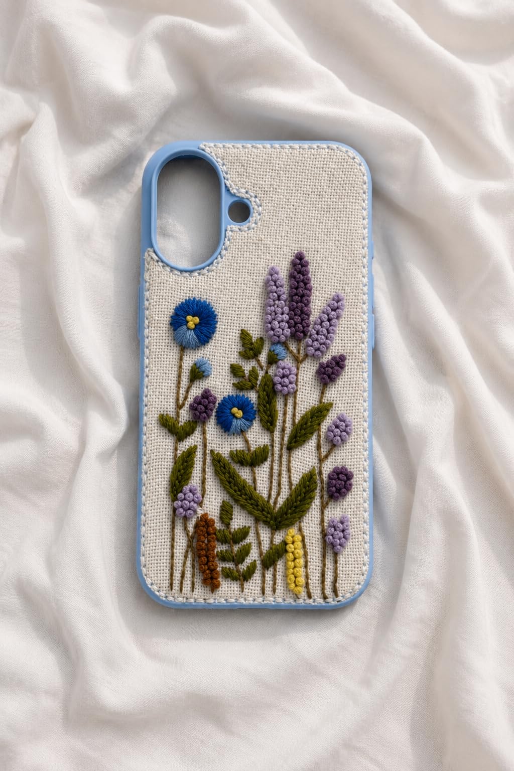 Lavender Floral Embroidered Back Cover for iPhone 16 - Aesthetic Cottagecore Wildflower Design | Premium Linen Texture Cloth Back | for Gifting (Lavender)-image-40