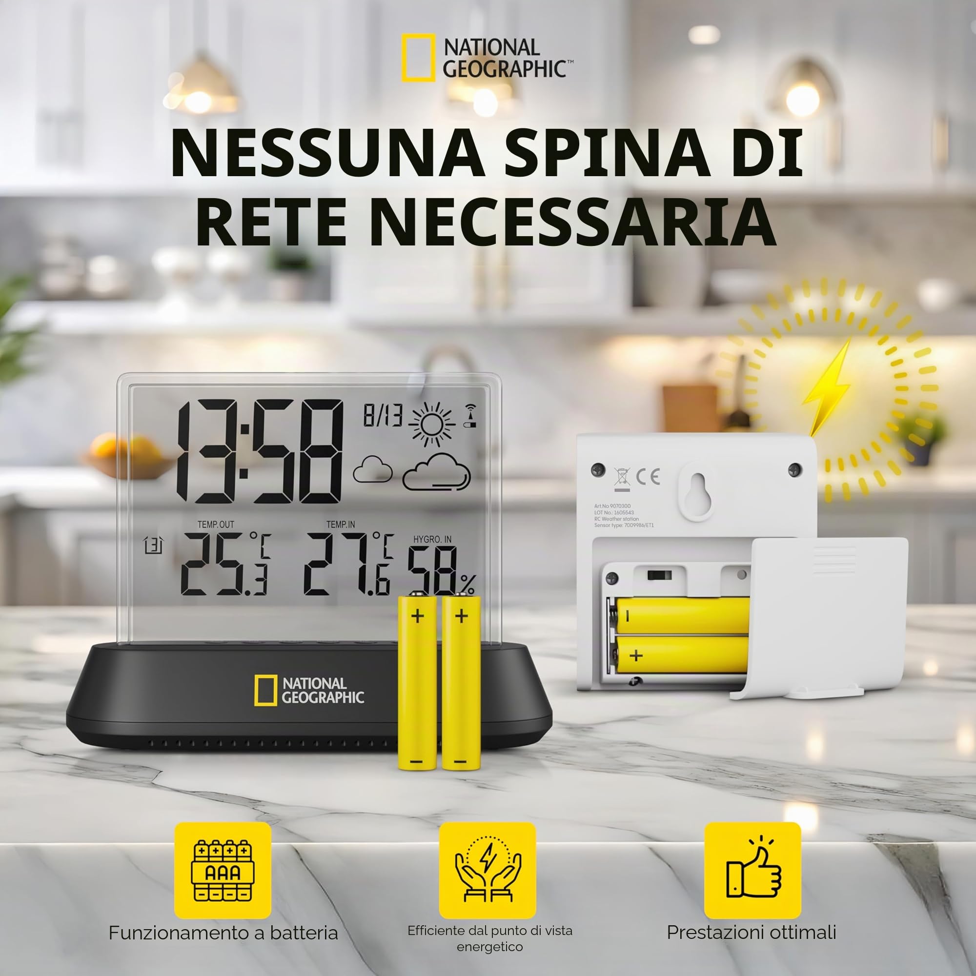 National Geographic Stazione meteorologica Radio con sensore da Esterno dal Design Trasparente con Schermo per visualizzazione dei valori di Temperatura e umidità e delle Tendenze Meteo