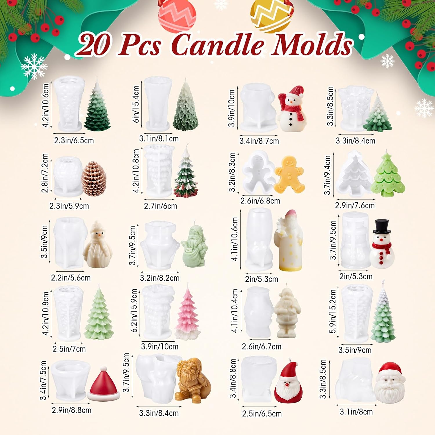 LemonRoad 20 Pcs Christmas Candle Mold Set Silicone Candle Molds Christmas Trees Santa Claus Xmas Hat Snowman for Resin Soap Craft Cake Chocolate Making Kit Holiday Gift Decoration (Classic)