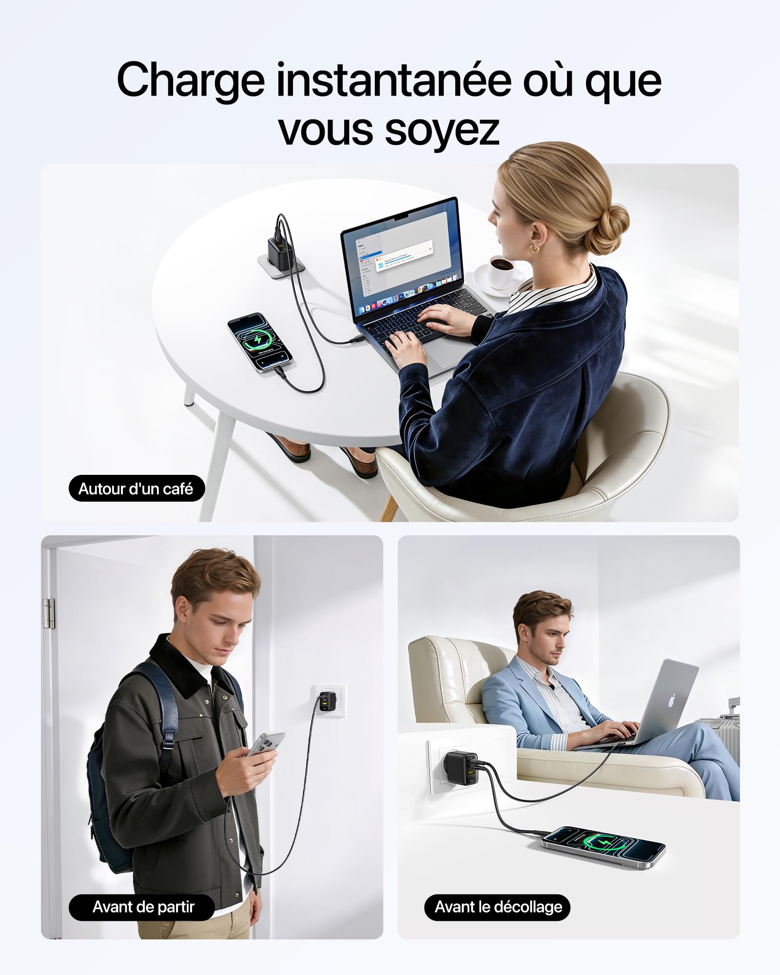Baseus Enerfill Lot de 2 chargeurs USB C 70 W GaN6 à 3 Ports - Bloc d'alimentation Compact pour MacBook Air, iPhone 17/16/15 Pro Max, iPad Pro, Galaxy S25/S24, Pixel, Ordinateur Portable et Plus