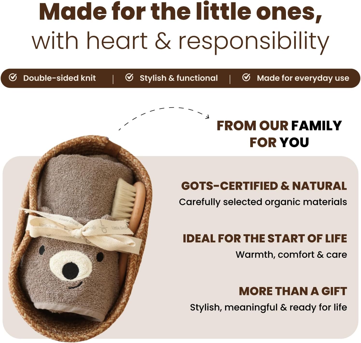 Baby Gift Set for Birth - 3-Piece Set with Hooded Towel Teddy Made of Organic Cotton GOTS Certified, Natural Hair Brush & Handmade Storage Basket - First Equipment Newborn