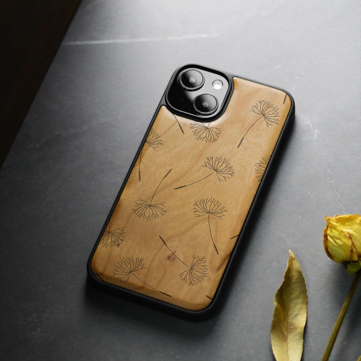 Carveit Magnetic Wood Case for iPhone 14 Plus - Natural Wood & Black Soft TPU - Shockproof Protective Cover - Unique & Classy Wooden Case - Compatible with MagSafe (Dandelion Whispers -Cherry)