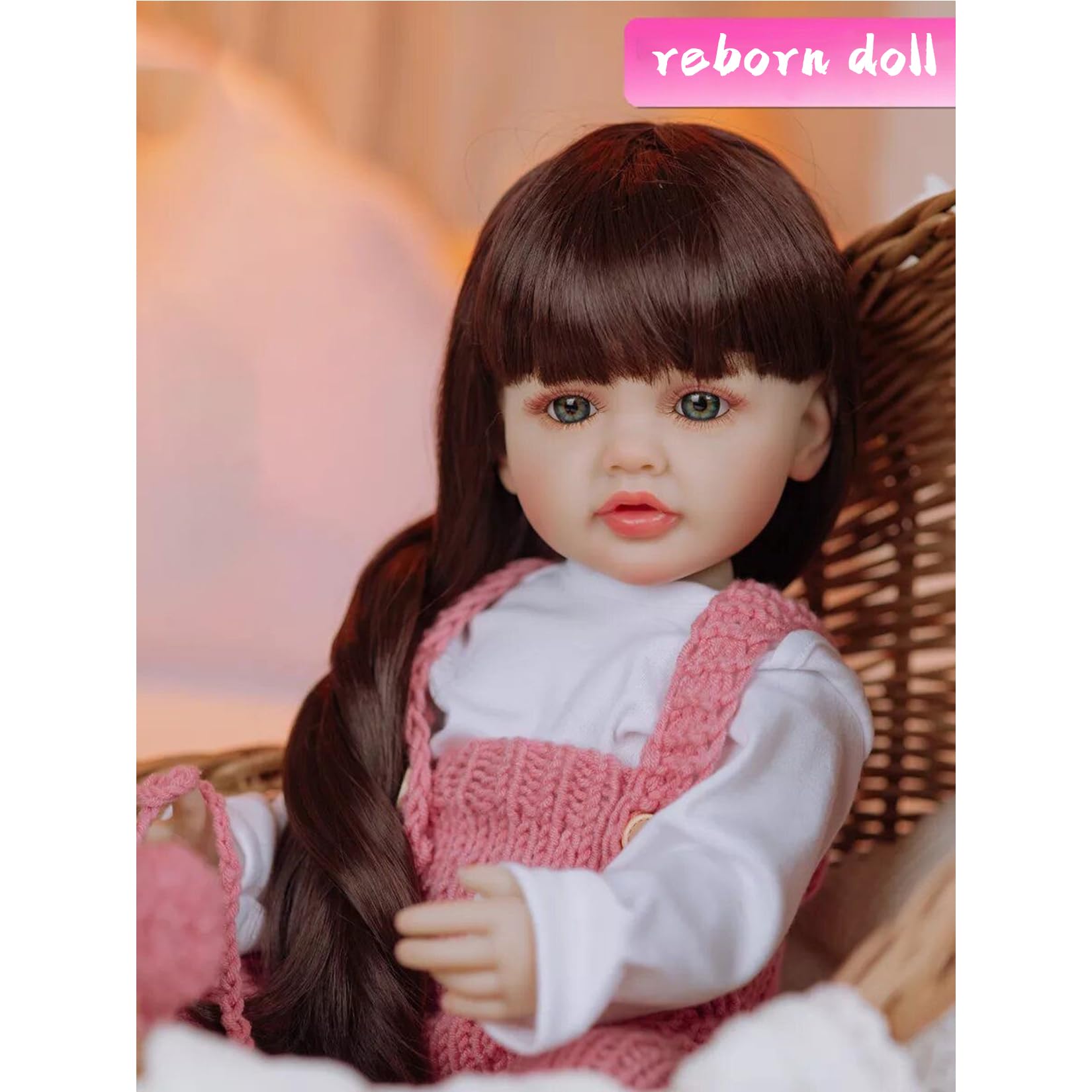 Lalki Reborn 55 cm Silikonowe ciało Różowa Sukienka Dzianinowa Długie Brązowe Włosy Boże Narodzenie Prezent Oryginalna Lalka Reborn