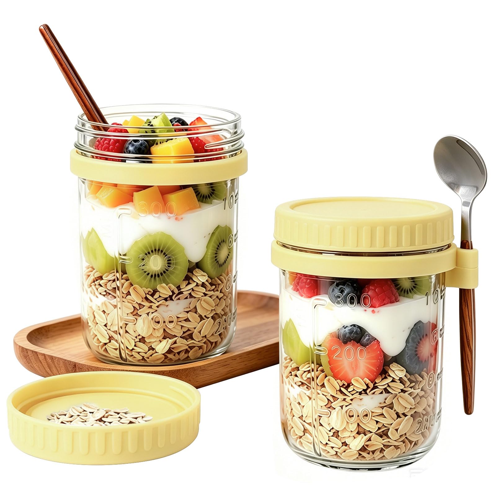 Overnight Oats Jars, 2 pezzi Barattoli di avena durante la notte con coperchio e cucchiaio, Tazza di Muesli To Go, Tazza Yogurt e Cereali per Insalate Latte Cereali Frutta(Giallo, 350 ml)