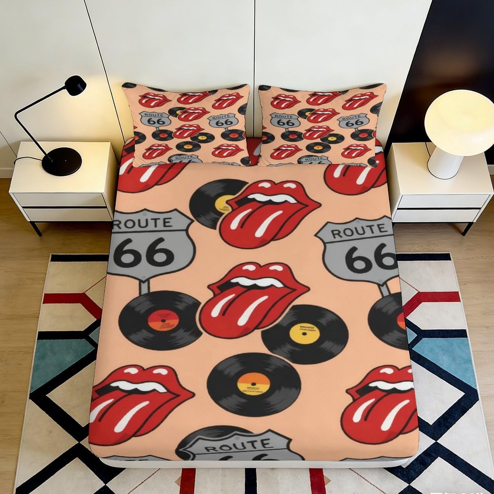 3D Printed Route 66 Vinyl Record Fitted Sheet Microfiber Retro Tongue Pattern Bed Cover for Bedroom Guest Room 90x200x25cm