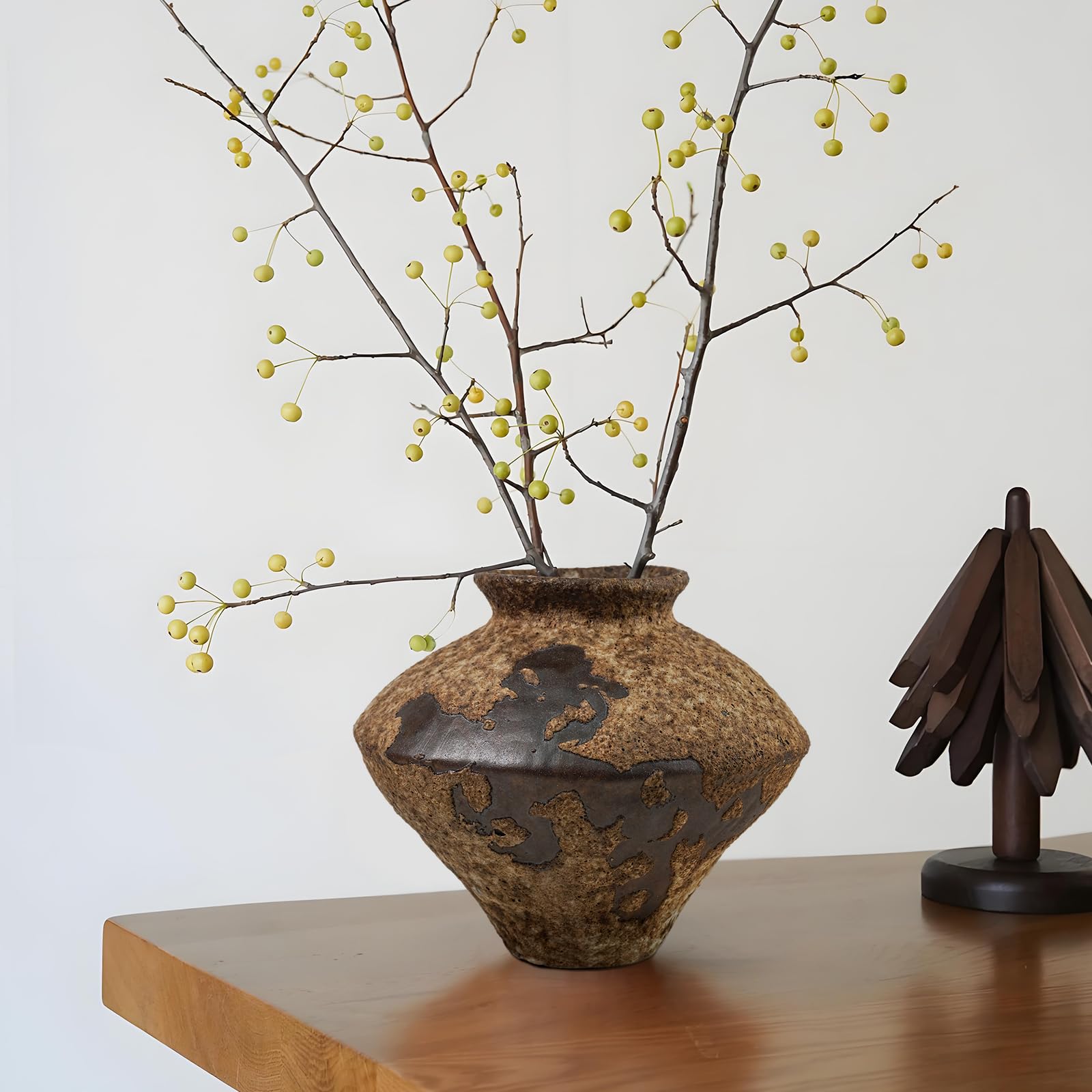 Jingdezhen - Jarrón rústico de cerámica marrón hecho a mano para plantas frescas y secas, centro de mesa, jarrón Wabi Sabi, decoración de casa de campo