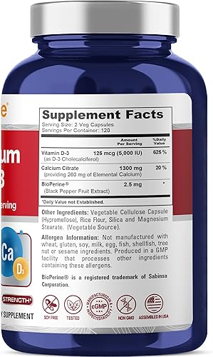 Miniatura 2 de NusaPure Super Calcio 1300 mg, Vitamina D3-240 Veggie Caps (sin OMG, Soyfree, Bioperine)