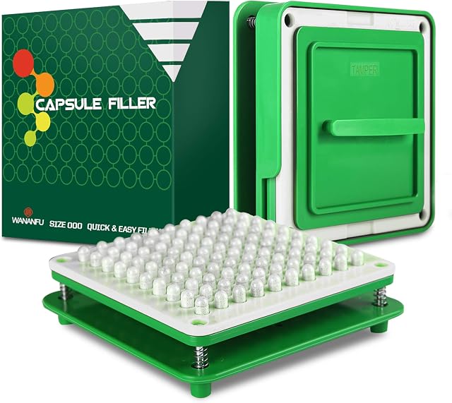 WANANFU Capsule Filling Machine for Size 000 Empty Capsules Vegetarian or Gelatin, Detailed Instructions and Spoon Included