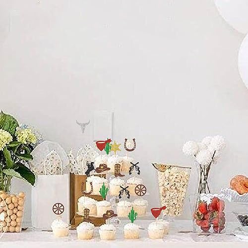 Miniatura 6 de Rsstarxi Paquete de 30 adornos de vaquero para cupcakes con purpurina para zapatos de caballo de vaquero, botas, pistola, temática occidental,